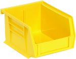 The Quantum Bin in bright yellow polypropylene measures 4-1/8W x 5-3/8D x 3H and includes an open top, slanted front, front/back/side grips, an anti-slide lock, a rear hanger, a molded-in label holder, and one divider slot—perfect for organizing small items. Made in USA.