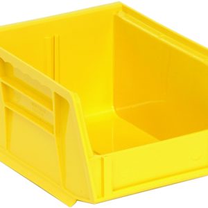 The Quantum Bin in bright yellow polypropylene measures 4-1/8W x 5-3/8D x 3H and includes an open top, slanted front, front/back/side grips, an anti-slide lock, a rear hanger, a molded-in label holder, and one divider slot—perfect for organizing small items. Made in USA.