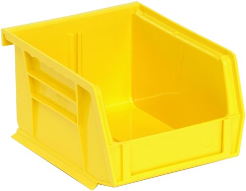 The Quantum Bin in bright yellow polypropylene measures 4-1/8W x 5-3/8D x 3H and includes an open top, slanted front, front/back/side grips, an anti-slide lock, a rear hanger, a molded-in label holder, and one divider slot—perfect for organizing small items. Made in USA.