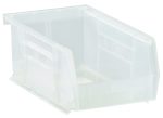 The Quantum Bin is a clear polypropylene storage bin, measuring 4-1/8W x 7-3/8D x 3H, with stackable edges and anti-slide lock. It features an open front, divider slot for organization, front/back/side grips, and a molded-in label holder—ideal for organizing essentials. Made in the USA.