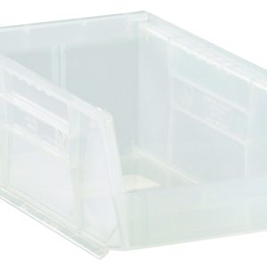 The Quantum Bin is a clear polypropylene storage bin, measuring 4-1/8W x 7-3/8D x 3H, with stackable edges and anti-slide lock. It features an open front, divider slot for organization, front/back/side grips, and a molded-in label holder—ideal for organizing essentials. Made in the USA.