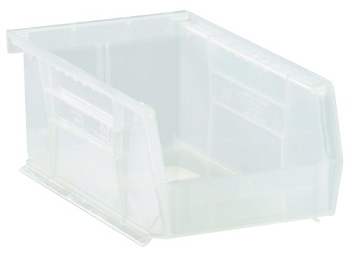 The Quantum Bin is a clear polypropylene storage bin, measuring 4-1/8W x 7-3/8D x 3H, with stackable edges and anti-slide lock. It features an open front, divider slot for organization, front/back/side grips, and a molded-in label holder—ideal for organizing essentials. Made in the USA.