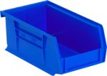 The Quantum Bin, a blue polypropylene storage solution with front, back, and side grips, an anti-slide lock, and reinforced edges, features an open front for easy access. Perfect for organizing small items, it includes a divider slot and molded-in label holder. Made in the USA.