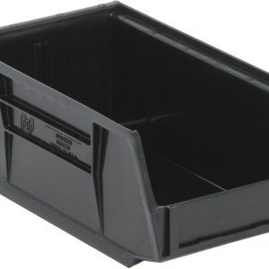 The Quantum Bin is a black, recycled polypropylene storage solution (4-1/8W x 7-3/8D x 3H) with an open top, slanted front, anti-slide lock for stacking or hanging, front/back/side grips, a divider slot, rear hanger, and molded-in label holder; ideal for organizing small items. Made in the USA.