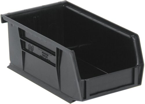 The Quantum Bin is a black, recycled polypropylene storage solution (4-1/8W x 7-3/8D x 3H) with an open top, slanted front, anti-slide lock for stacking or hanging, front/back/side grips, a divider slot, rear hanger, and molded-in label holder; ideal for organizing small items. Made in the USA.