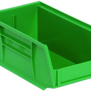 The Quantum Bin in green, measuring 4-1/8W x 7-3/8D x 3H, has an open front design and features a reinforced rim with grooved sides. It includes a rear hanger, molded-in label holder, and one divider slot for organizing small items efficiently. Made in the USA from polypropylene.