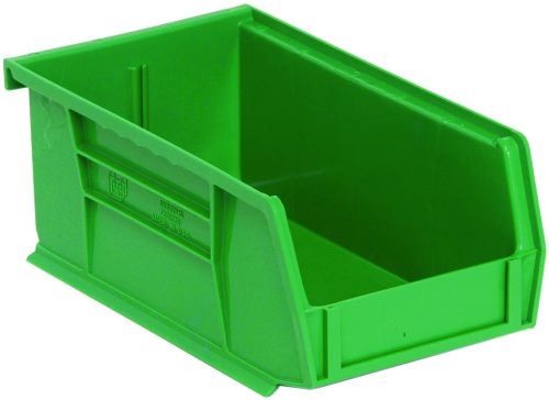 The Quantum Bin in green, measuring 4-1/8W x 7-3/8D x 3H, has an open front design and features a reinforced rim with grooved sides. It includes a rear hanger, molded-in label holder, and one divider slot for organizing small items efficiently. Made in the USA from polypropylene.