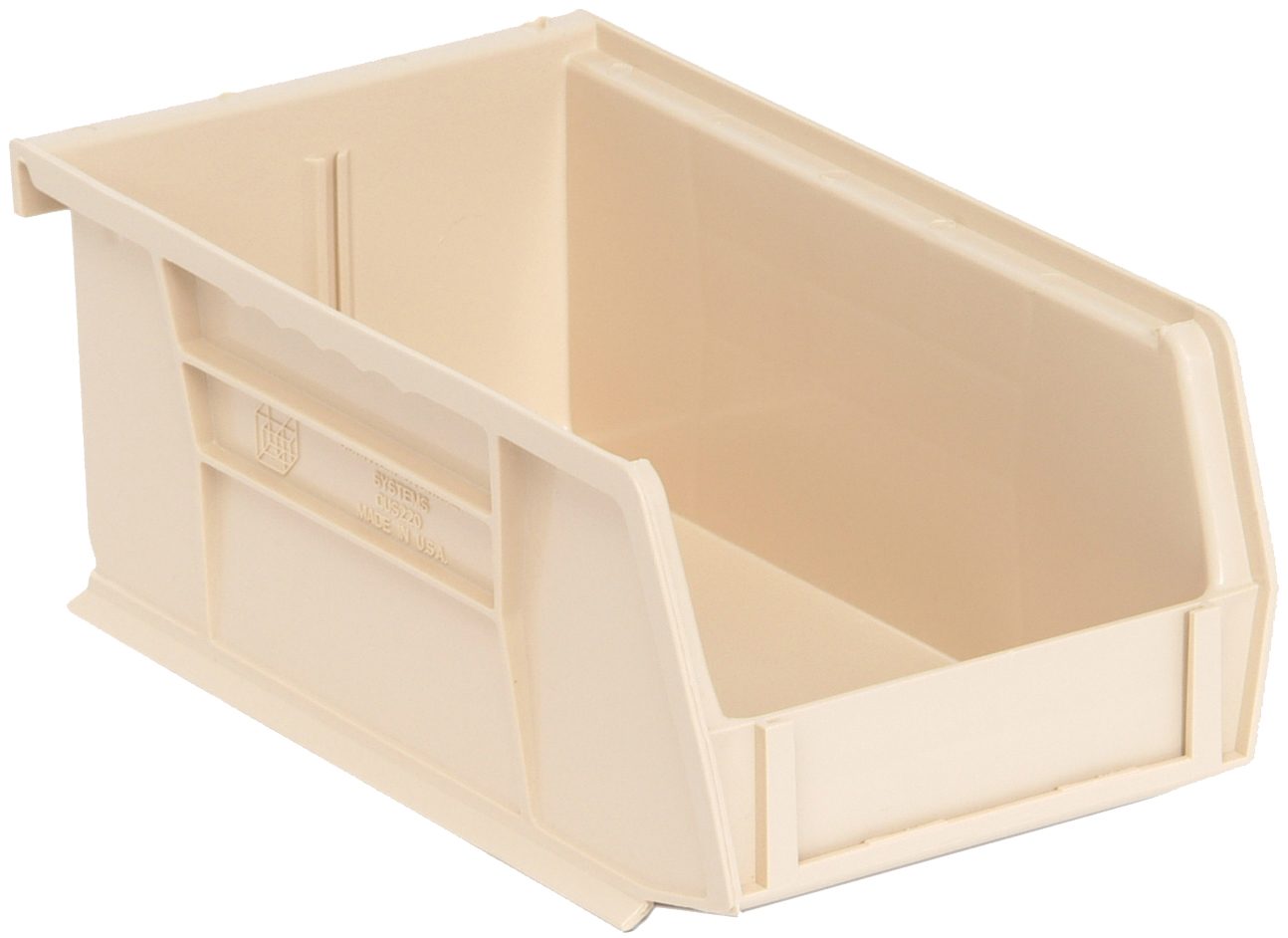 Bin, Stacking Or Hanging, 4-1/8"W X 7-3/8"D X 3"H, Front/Back/Side Grips, Anti-Slide Lock, (1) Divider Slot, Rear Hanger, Molded-In Label Holder, Polypropylene, Ivory, Made In USA