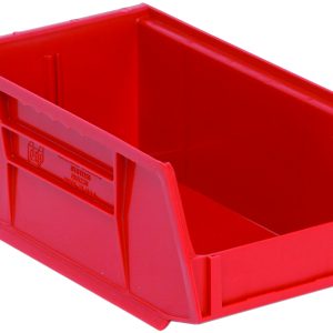 The Quantum Bin, made in the USA, is a red polypropylene storage solution. It measures 4-1/8W x 7-3/8D x 3H and features front/back/side grips, an anti-slide lock, a divider slot for organizing small items, a rear hanger, and a molded-in label holder.