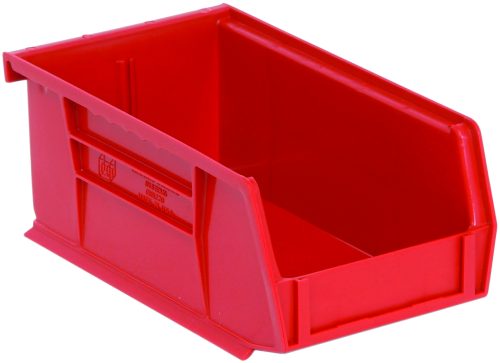 QUS220_RD202.jpg The Quantum Bin, made in the USA, is a red polypropylene storage solution. It measures 4-1/8W x 7-3/8D x 3H and features front/back/side grips, an anti-slide lock, a divider slot for organizing small items, a rear hanger, and a molded-in label holder.