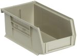 The Quantum Bin is a stone-colored polypropylene storage solution, 4-1/8W x 7-3/8D x 3H, featuring front/back/side grips and an anti-slide lock. With an open front, it includes one divider slot for organization and a molded-in label holder, offering easy access to contents. Made in the USA.