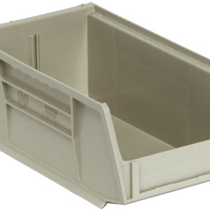 The Quantum Bin is a stone-colored polypropylene storage solution, 4-1/8W x 7-3/8D x 3H, featuring front/back/side grips and an anti-slide lock. With an open front, it includes one divider slot for organization and a molded-in label holder, offering easy access to contents. Made in the USA.
