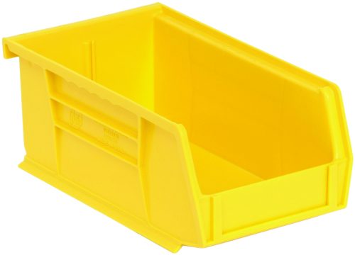 On a white background, the yellow Quantum Bin, measuring 4-1/8W x 7-3/8D x 3H, features an open front for easy access. Stackable or hangable with reinforced sides, it includes front/back/side grips, an anti-slide lock, a divider slot, and a rear hanger. Made in the USA from polypropylene.