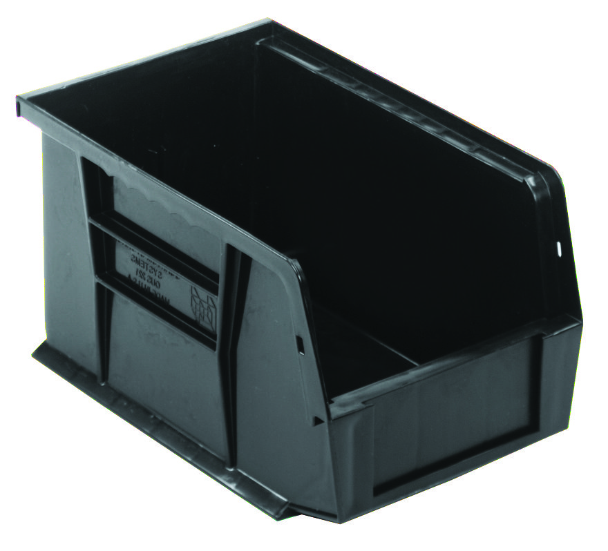 Bin, Stacking Or Hanging, 6"W X 9-1/4"D X 5"H, Front/Back/Side Grips, Anti-Slide Lock, (1) Divider Slot, Rear Hanger, Molded-In Label Holder, Polypropylene, Black, Made In USA