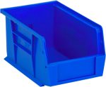 The Quantum Bin is a blue polypropylene storage bin, 6W x 9-1/4D x 5H, with an open front and solid sides for organizing small items. It features front/back/side grips, an anti-slide lock, a divider slot, a rear hanger, and a molded-in label holder. Made in the USA.