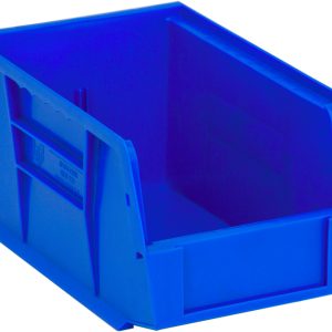 The Quantum Bin is a blue polypropylene storage bin, 6W x 9-1/4D x 5H, with an open front and solid sides for organizing small items. It features front/back/side grips, an anti-slide lock, a divider slot, a rear hanger, and a molded-in label holder. Made in the USA.