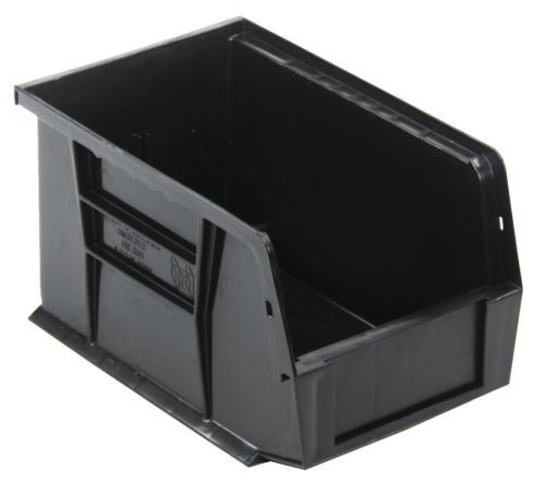 The Quantum Bin is a black, recycled polypropylene storage solution measuring 6W x 9-1/4D x 5H. Featuring front, back, and side grips, an anti-slide lock, rear hanger, divider slot for organization, and a molded-in label holder—perfect for tidy storage! Made in the USA.