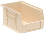 The Quantum Bin, in ivory polypropylene and measuring 6W x 9-1/4D x 5H, is designed for optimal organization with front, back, and side grips. Its rear hanger allows stacking or hanging, while a flat base and anti-slide lock ensure stability on shelves or workspaces. Made in the USA.