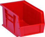 The red Quantum Bin, made in the USA from polypropylene, measures 6W x 9-1/4D x 5H and features front/back/side grips, an anti-slide lock, a single divider slot for organization, a rear hanger, and a molded-in label holder.