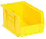 The Quantum Bin is a yellow polypropylene storage bin, measuring 6W x 9-1/4D x 5H, with front, back, and side grips. It features an open front, reinforced edges, anti-slide lock, molded-in label holder, and a rear hanger. Perfect for stacking or hanging against white backgrounds. Made in the USA.
