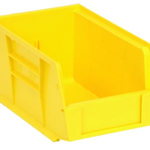 The Quantum Bin is a yellow polypropylene storage bin, measuring 6W x 9-1/4D x 5H, with front, back, and side grips. It features an open front, reinforced edges, anti-slide lock, molded-in label holder, and a rear hanger. Perfect for stacking or hanging against white backgrounds. Made in the USA.