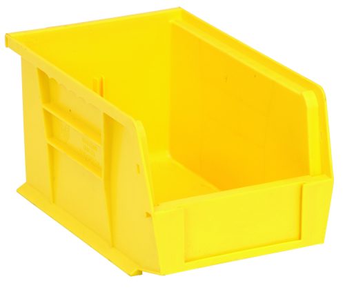QUS221_YL.jpg The Quantum Bin is a yellow polypropylene storage bin, measuring 6W x 9-1/4D x 5H, with front, back, and side grips. It features an open front, reinforced edges, anti-slide lock, molded-in label holder, and a rear hanger. Perfect for stacking or hanging against white backgrounds. Made in the USA.