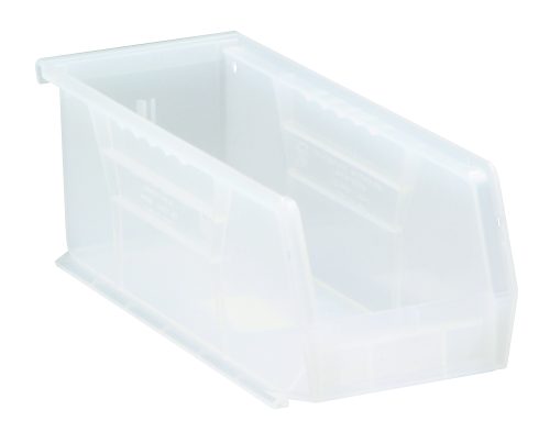 The Quantum Bin is a clear polypropylene organizer, measuring 4-1/8W x 10-7/8D x 4H, with front, back, and side grips. It features an anti-slide lock for easy stacking or nesting and includes a rear hanger, one divider slot, and molded-in label holder. Made in the USA.