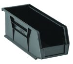 The Quantum Bin is a black polypropylene storage solution made in the USA, measuring 4-1/8W x 10-7/8D x 4H. It features front, back, and side grips, a rear hanger for stacking or hanging, an anti-slide lock, and a divider slot for organizing small items.