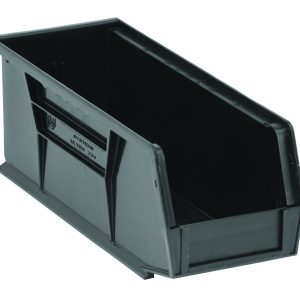 The Quantum Bin is a black polypropylene storage solution made in the USA, measuring 4-1/8W x 10-7/8D x 4H. It features front, back, and side grips, a rear hanger for stacking or hanging, an anti-slide lock, and a divider slot for organizing small items.