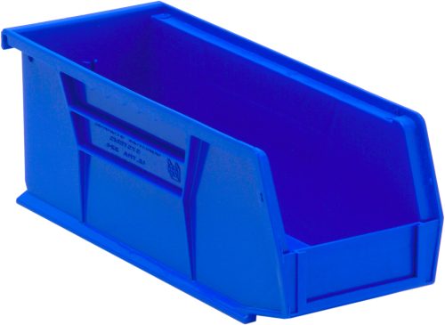 The Quantum Bin is a blue polypropylene storage solution with front/back/side grips, anti-slide lock, and a divider slot. Measuring 4-1/8W x 10-7/8D x 4H, it features a rear hanger and molded-in label holder, making it perfect for organizing small items in workshops or storage areas. Made in the USA.