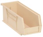 The Quantum Bin is an ivory polypropylene storage solution measuring 4-1/8W x 10-7/8D x 4H. It features grips on all sides, an anti-slide lock, a slot for one divider, a rear hanger, and a molded-in label holder. Its front is lower for easy access. Made in the USA.
