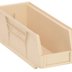The Quantum Bin is an ivory polypropylene storage solution measuring 4-1/8W x 10-7/8D x 4H. It features grips on all sides, an anti-slide lock, a slot for one divider, a rear hanger, and a molded-in label holder. Its front is lower for easy access. Made in the USA.
