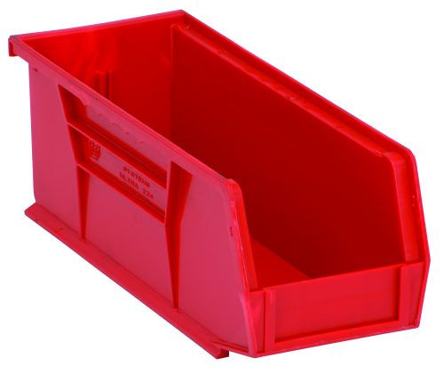 The Quantum Bin is a red, rectangular polypropylene storage bin (4-1/8W x 10-7/8D x 4H) with front/back/side grips, an open front, an anti-slide lock, and raised edges. It includes a rear hanger and divider slot for efficient organizing or storing items. Made in the USA.