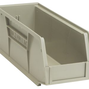 A stone-colored Quantum Bin, made of polypropylene and measuring 4-1/8W x 10-7/8D x 4H, features front/back/side grips, an anti-slide lock, a divider slot, rear hanger, and molded-in label holder. Made in the USA.