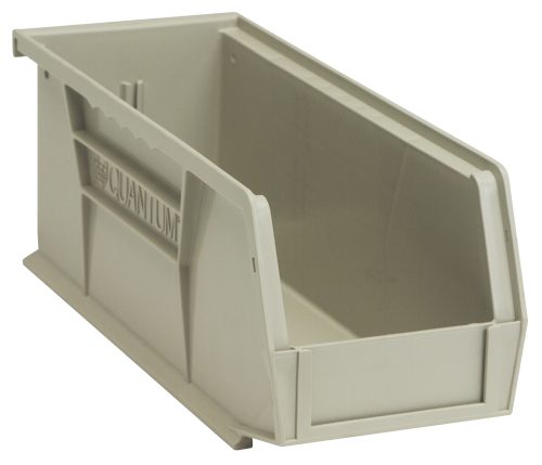 A stone-colored Quantum Bin, made of polypropylene and measuring 4-1/8W x 10-7/8D x 4H, features front/back/side grips, an anti-slide lock, a divider slot, rear hanger, and molded-in label holder. Made in the USA.