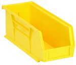 The Quantum Bin is a yellow, polypropylene storage solution, measuring 4-1/8W x 10-7/8D x 4H. It features an anti-slide lock, front/back/side grips, and a rear hanger for stacking or hanging. Designed for easy organization with one divider slot and a molded-in label holder. Made in the USA.