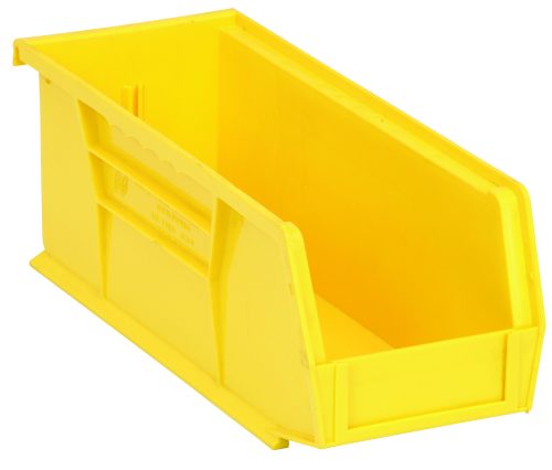 The Quantum Bin is a yellow, polypropylene storage solution, measuring 4-1/8W x 10-7/8D x 4H. It features an anti-slide lock, front/back/side grips, and a rear hanger for stacking or hanging. Designed for easy organization with one divider slot and a molded-in label holder. Made in the USA.
