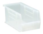 The Quantum Bin is a clear polypropylene storage solution, sized 5-1/2W x 10-7/8D x 5H, with reinforced sides and front/back/side grips. It features grooves for stacking, an anti-slide lock, divider slot, rear hanger, flat base for stability, and a molded-in label holder. Made in the USA.