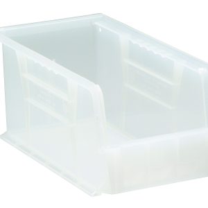 The Quantum Bin is a clear polypropylene storage solution, sized 5-1/2W x 10-7/8D x 5H, with reinforced sides and front/back/side grips. It features grooves for stacking, an anti-slide lock, divider slot, rear hanger, flat base for stability, and a molded-in label holder. Made in the USA.