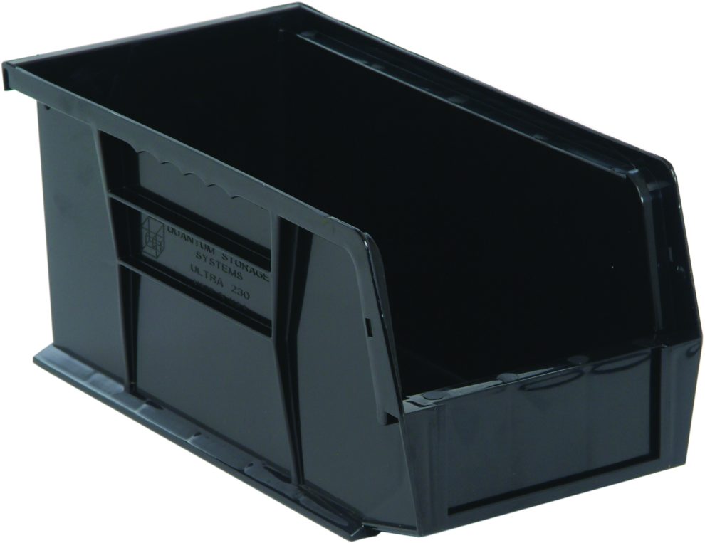 Black conductive Quantum ESD bin with hopper front, front and side grips and anti-slide lock