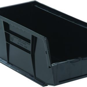 The Quantum Bin, a U.S.-made polypropylene storage container, features front, back, and side grips for easy handling with an open front for access. It includes an anti-slide lock for stability and a molded-in label holder for organization. Dimensions are 5-1/2W x 10-7/8D x 5H.