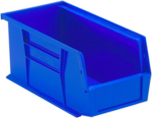 QUS230_BL.jpg The blue Quantum Bin, made in the USA from polypropylene, is perfect for organizing small items. It measures 5-1/2W x 10-7/8D x 5H and features an open side with a divider slot, ridged front/back/side grips, an anti-slide lock, rear hanger, and molded-in label holder against a white background.