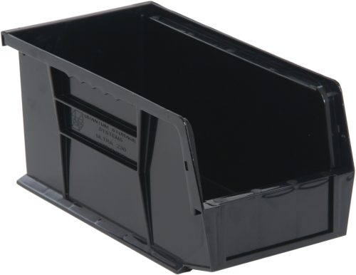 The Quantum Bin, black in color and made of recycled polypropylene, measures 5-1/2W x 10-7/8D x 5H. It features front/back/side grips, an anti-slide lock, integrated divider slot, rear hanger, and molded-in label holder for easy organization and handling. Made in the USA.
