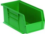 The Quantum Bin, made in the USA from green polypropylene, features a slanted front and open top with reinforced edges. It includes stacking ridges on the sides for stability and has a divider slot to organize contents efficiently.
