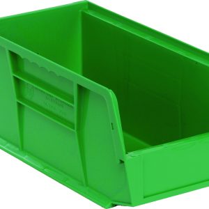 The Quantum Bin, made in the USA from green polypropylene, features a slanted front and open top with reinforced edges. It includes stacking ridges on the sides for stability and has a divider slot to organize contents efficiently.
