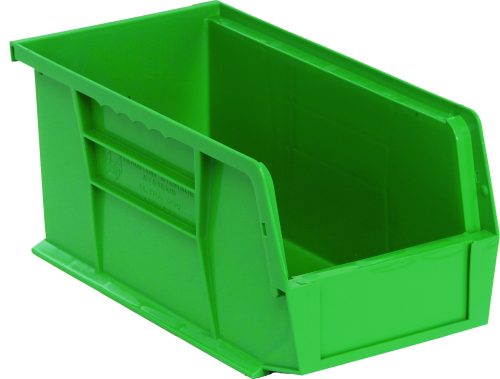 The Quantum Bin, made in the USA from green polypropylene, features a slanted front and open top with reinforced edges. It includes stacking ridges on the sides for stability and has a divider slot to organize contents efficiently.