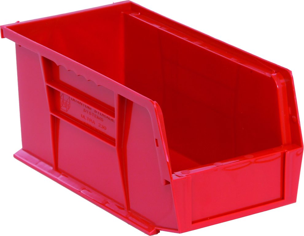 Red Quantum Ultra Stack and Hang bin showing reinforced ribs, stacking ledge and front label slot