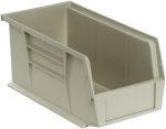 The Quantum Bin, made in the USA from stone-colored polypropylene, measures 5-1/2W x 10-7/8D x 5H. It features reinforced sides, a flat base for stability, anti-slide lock, front/back/side grips, molded-in label holder, a rear hanger, and includes a divider slot for better organization.