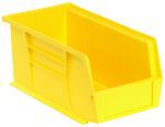 The Quantum Bin is a yellow polypropylene storage container, 5-1/2W x 10-7/8D x 5H with an open front, convenient front/back/side grips, anti-slide lock, a divider slot for organization, rear hanger, and molded-in label holder. Made in the USA.