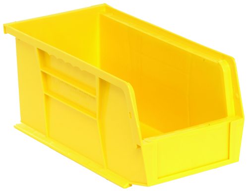 The Quantum Bin is a yellow polypropylene storage container, 5-1/2W x 10-7/8D x 5H with an open front, convenient front/back/side grips, anti-slide lock, a divider slot for organization, rear hanger, and molded-in label holder. Made in the USA.